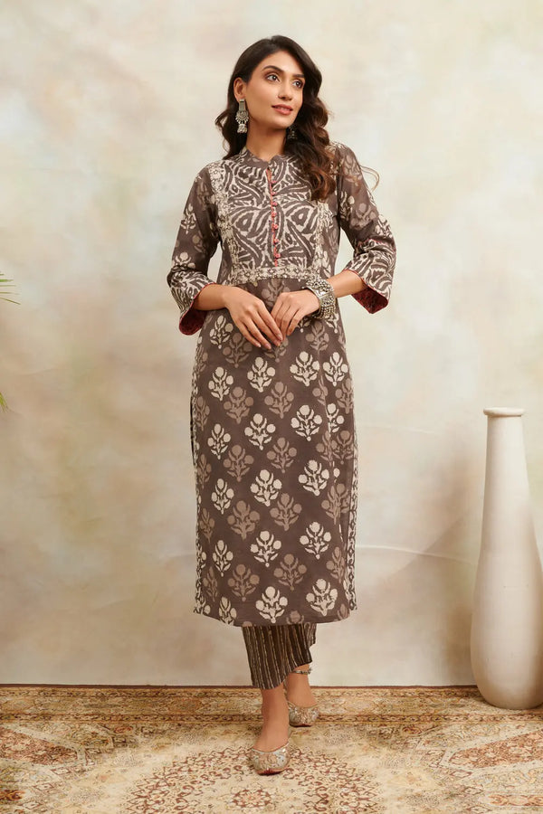 Brown Bagru Straight Kurta