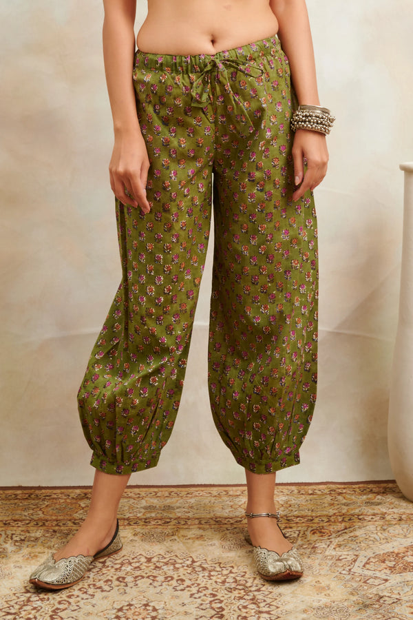 Green & Purple Hand Block Printed Izhaar Cotton Pants