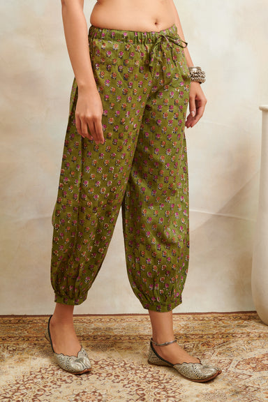 Green & Purple Hand Block Printed Izhaar Cotton Pants - Tahiliya