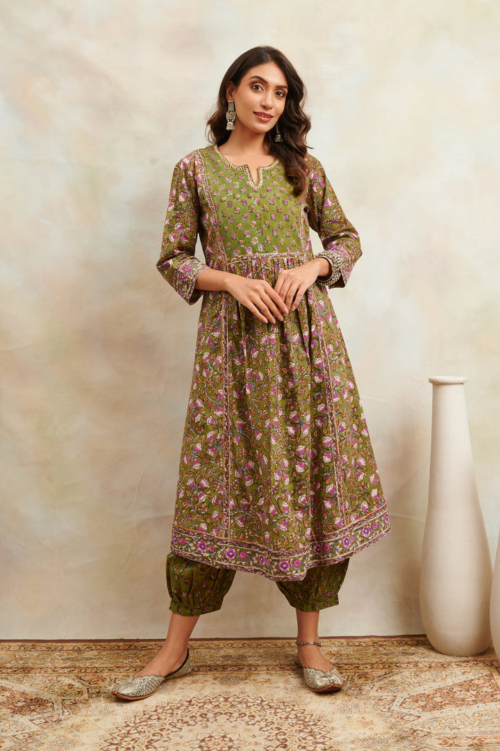 Green & Purple Hand Block Printed Sanganeri 'A' Line Kurta - Tahiliya