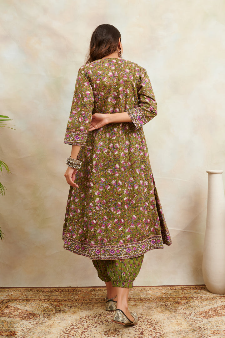 Green & Purple Hand Block Printed Sanganeri 'A' Line Kurta - Tahiliya