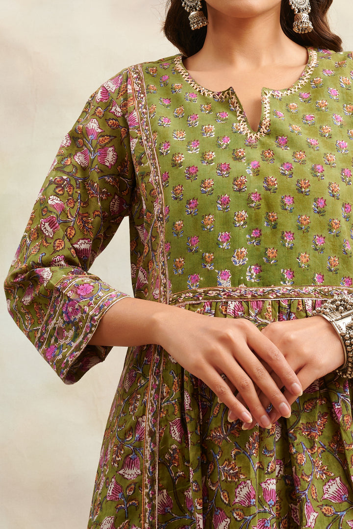 Green & Purple Hand Block Printed Sanganeri 'A' Line Kurta - Tahiliya