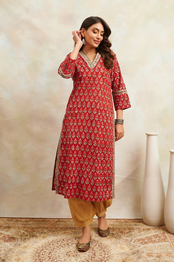 Red Hand Block Printed Sanganeri Straight Kurta