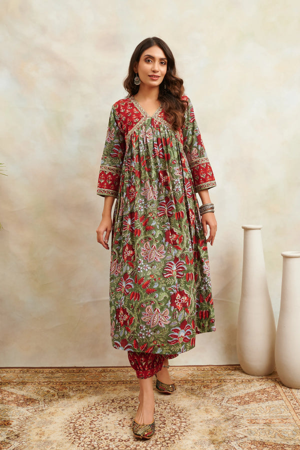 Green & Red Hand Block Printed Sanganeri 'A' Line Kurta