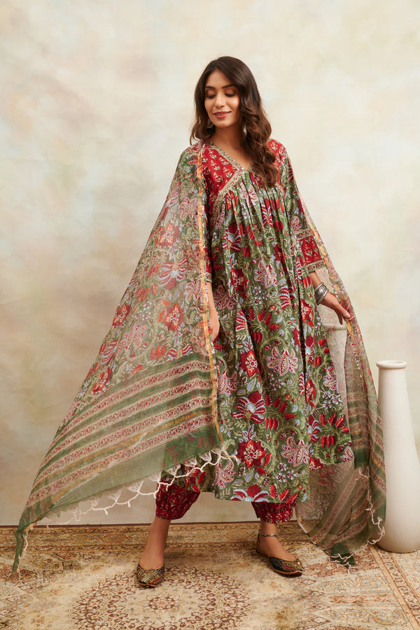 Red/Green Hand Block Printed Kota Doria Dupatta - Tahiliya