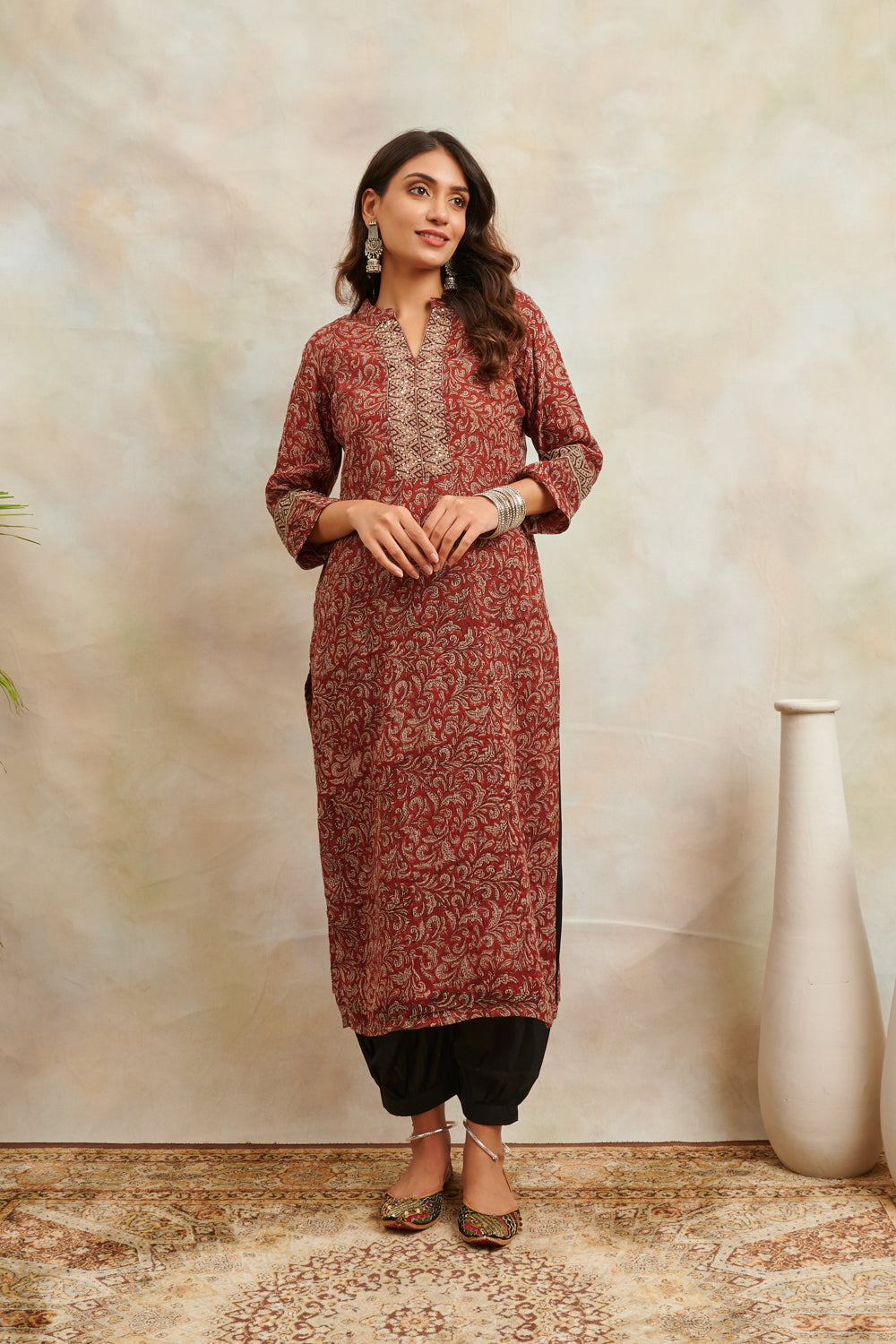 Maroon Hand Block Printed Kota Doria Kurta