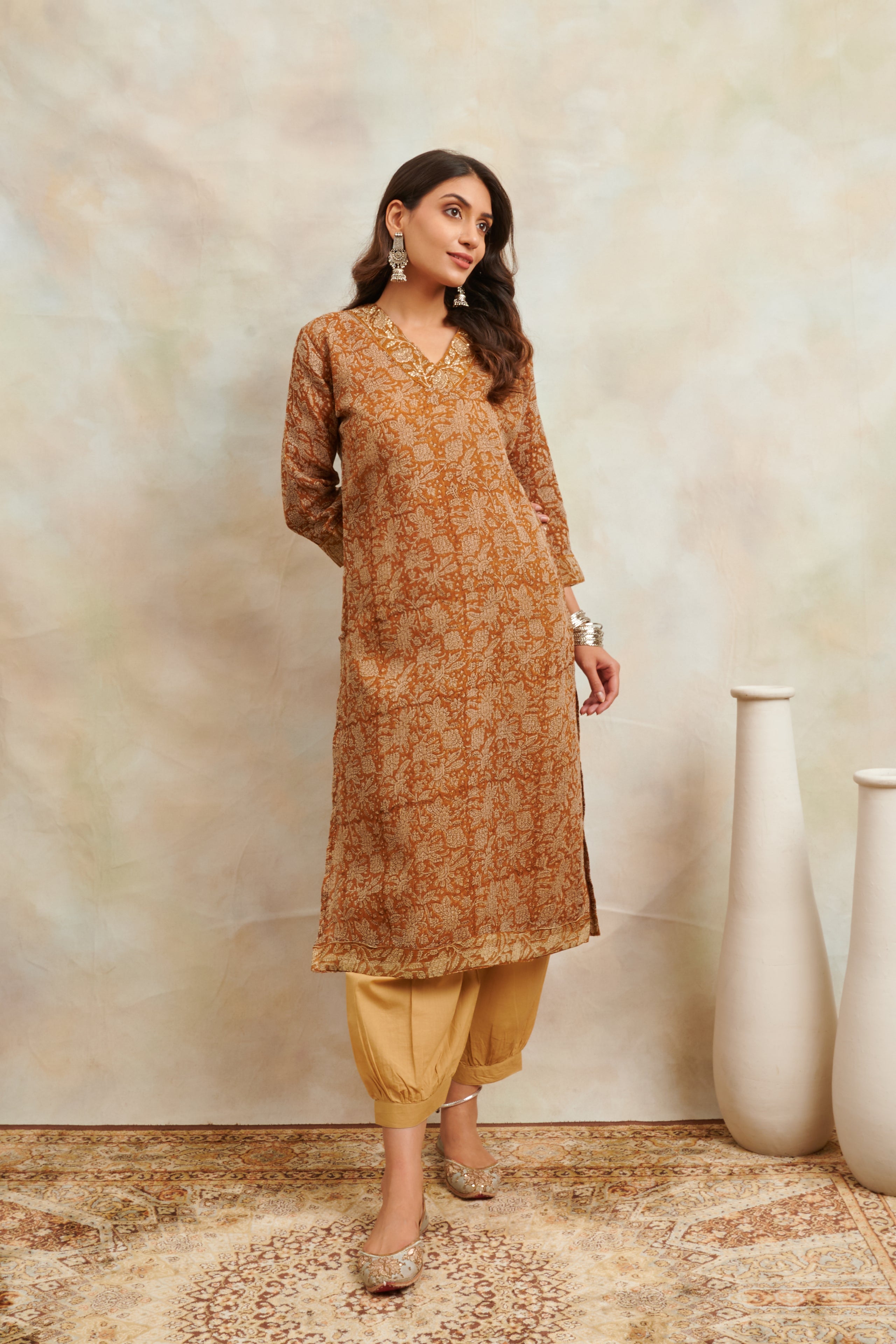 Mustard Hand Block Printed Kota Doria Kurta