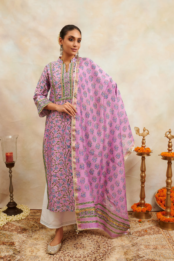 Mauve Hand Block Printed Chanderi Dupatta