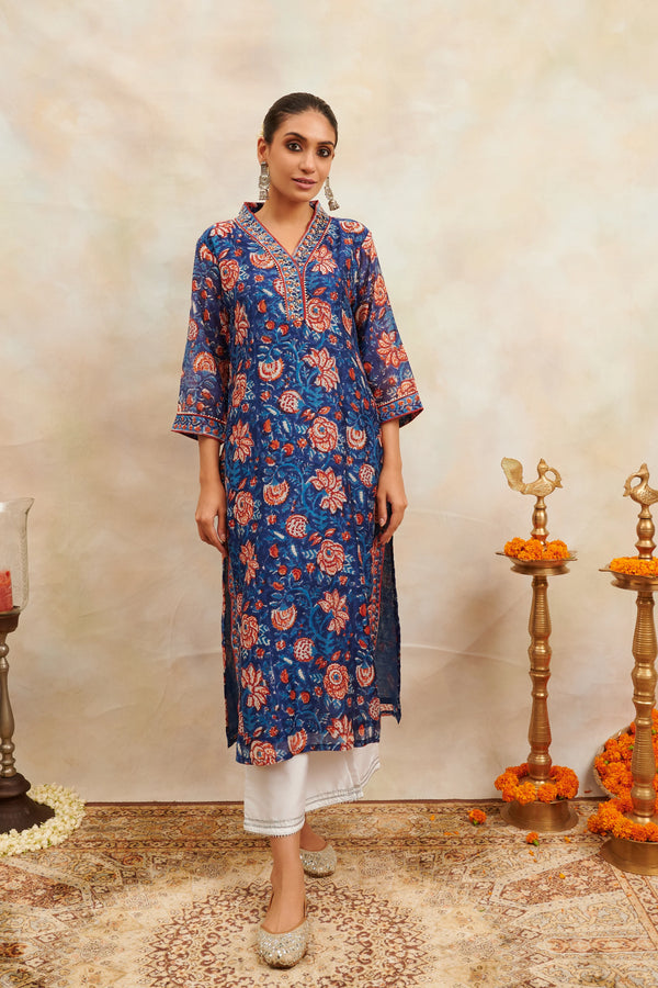 Indigo Blue Hand Block Printed Chanderi Silk Kurta