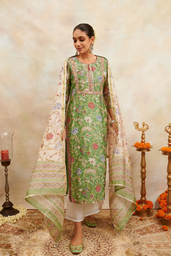 Cream/Green Hand Block Printed Chanderi Dupatta