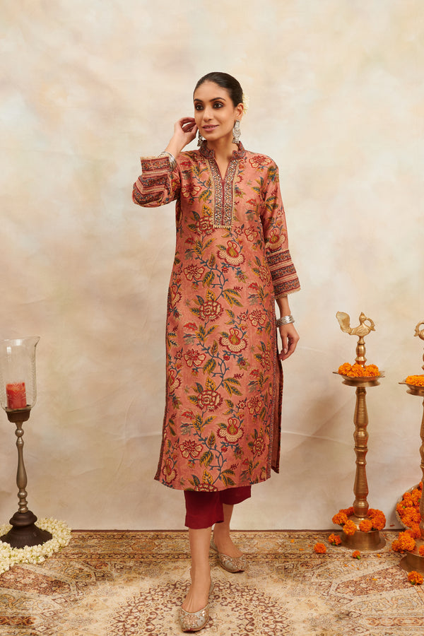 Rust Hand Block Printed Chanderi Silk Kurta