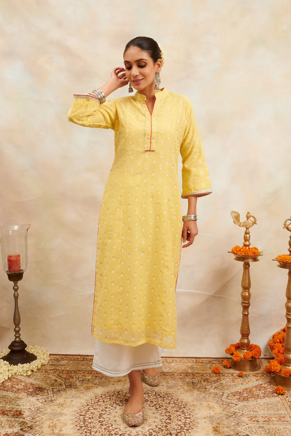 Yellow Khari Printed Chanderi Silk Kurta - Tahiliya