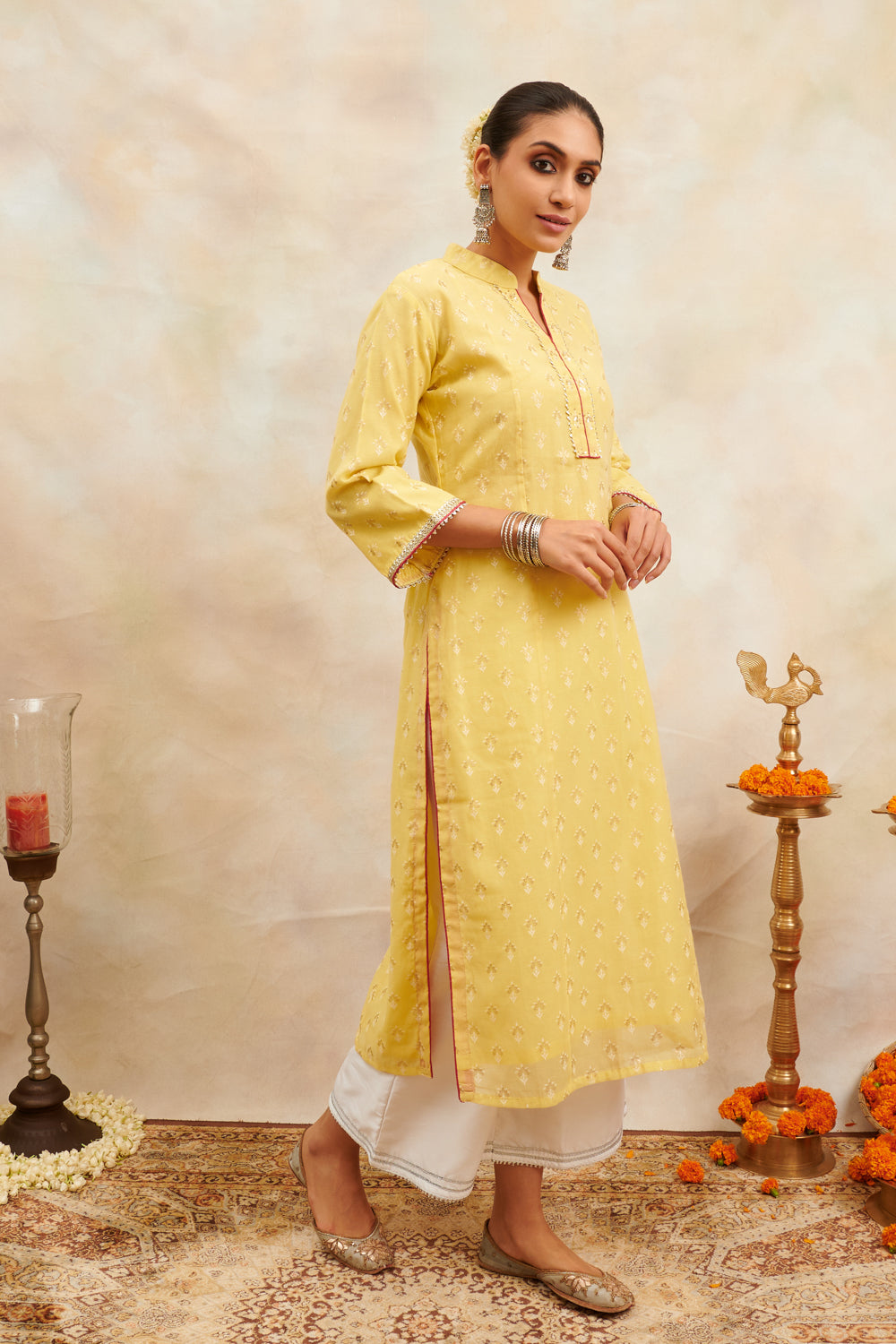 Yellow Khari Printed Chanderi Silk Kurta - Tahiliya