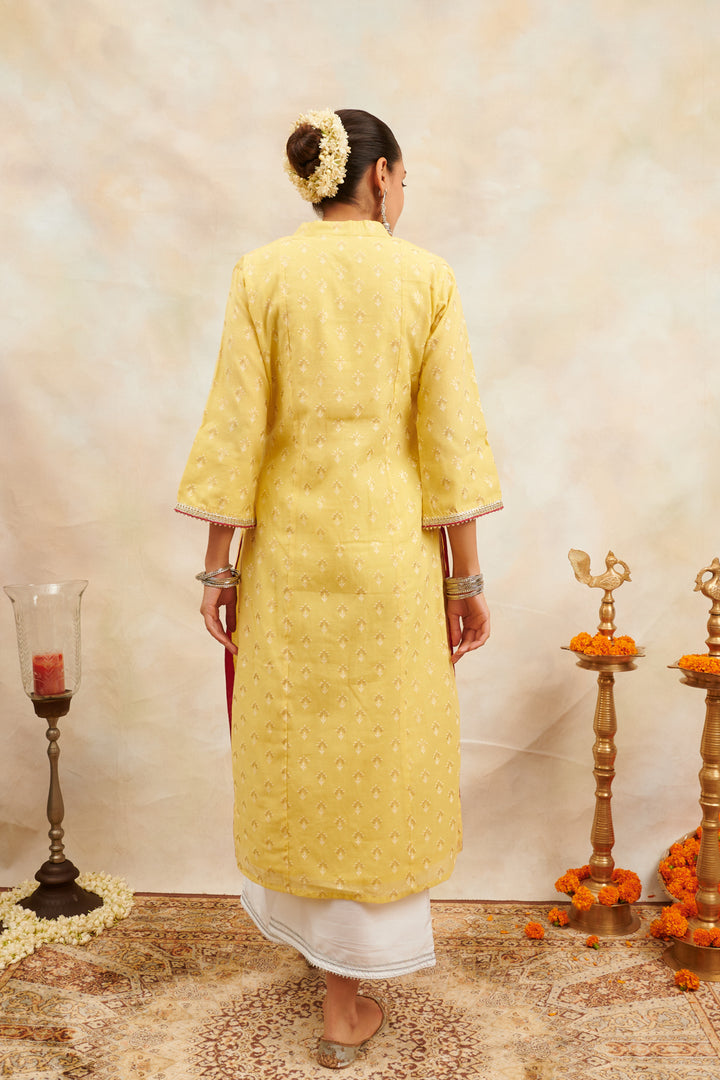 Yellow Khari Printed Chanderi Silk Kurta - Tahiliya