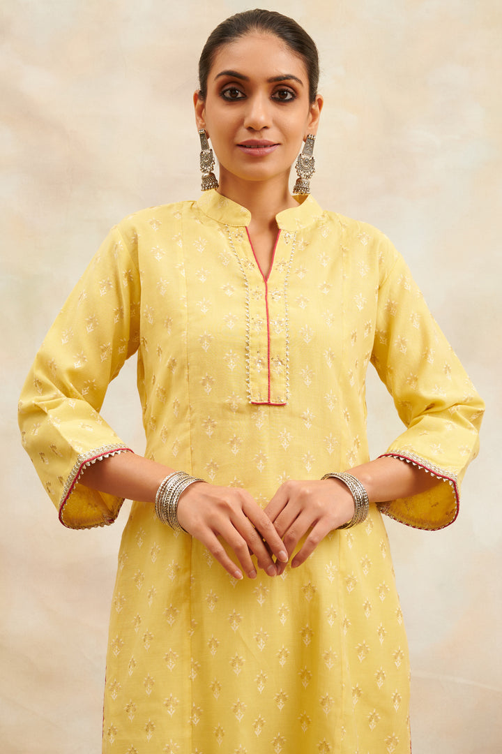 Yellow Khari Printed Chanderi Silk Kurta - Tahiliya