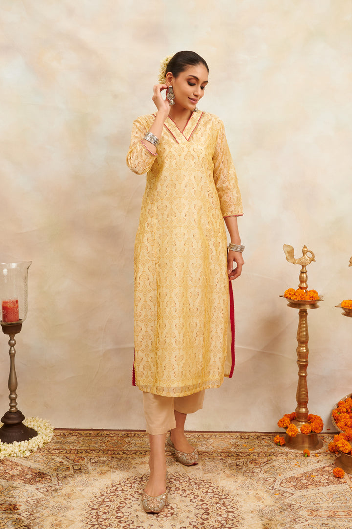 Yellow Khari Printed Chanderi Silk Kurta - Tahiliya