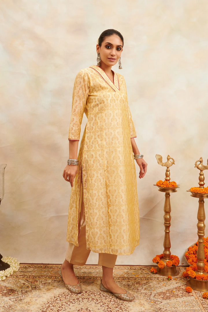 Yellow Khari Printed Chanderi Silk Kurta - Tahiliya