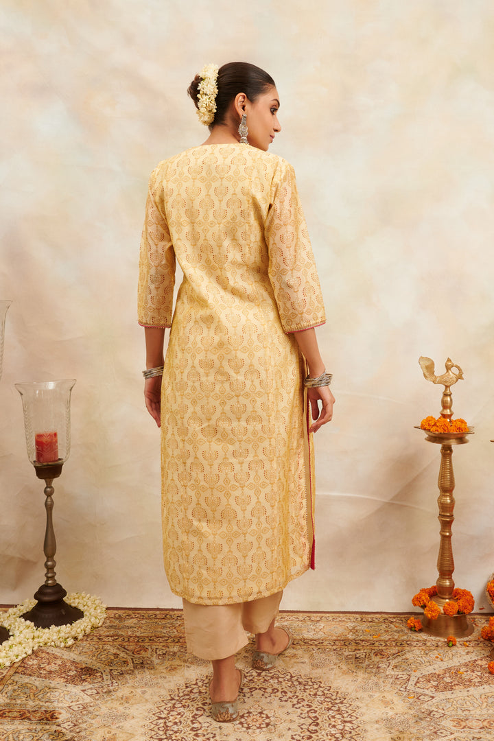 Yellow Khari Printed Chanderi Silk Kurta - Tahiliya