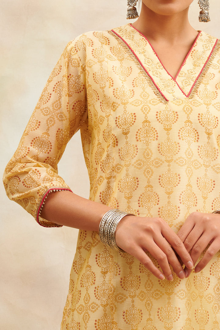 Yellow Khari Printed Chanderi Silk Kurta - Tahiliya