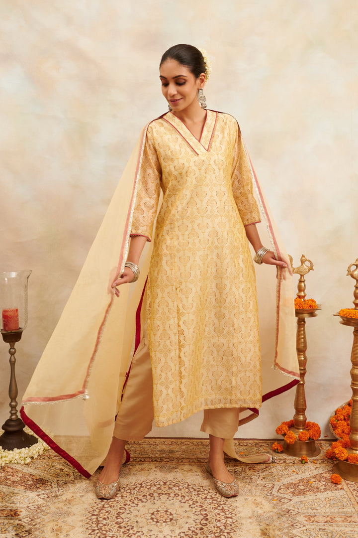 Yellow Khari Printed Chanderi Silk Kurta - Tahiliya