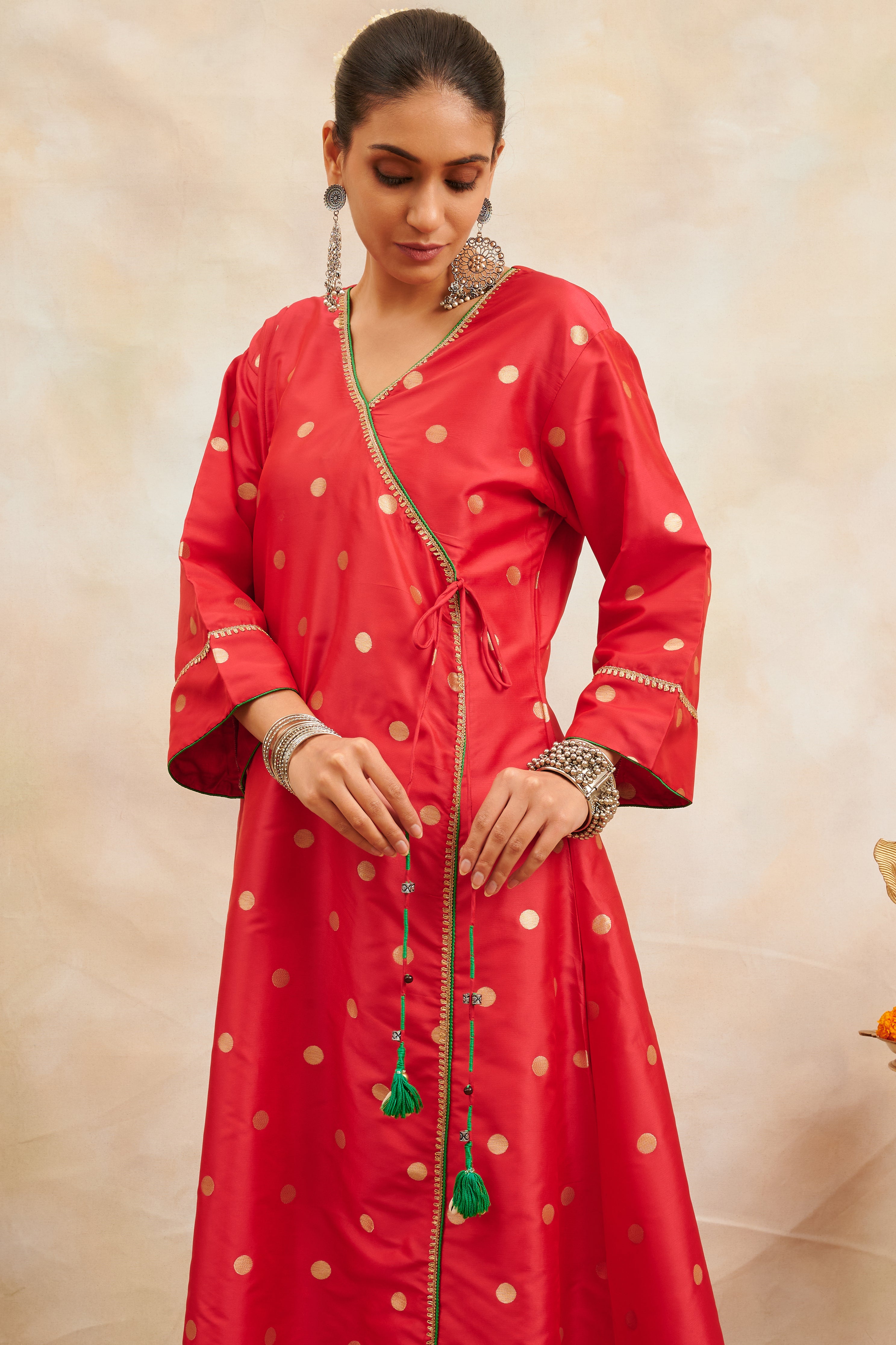 Red Gold Khari Printed Moonga Silk Angrakha Kurta - Tahiliya