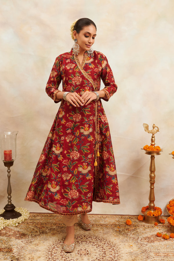 Maroon Hand Block Printed Chanderi Silk Angrakha Kurta