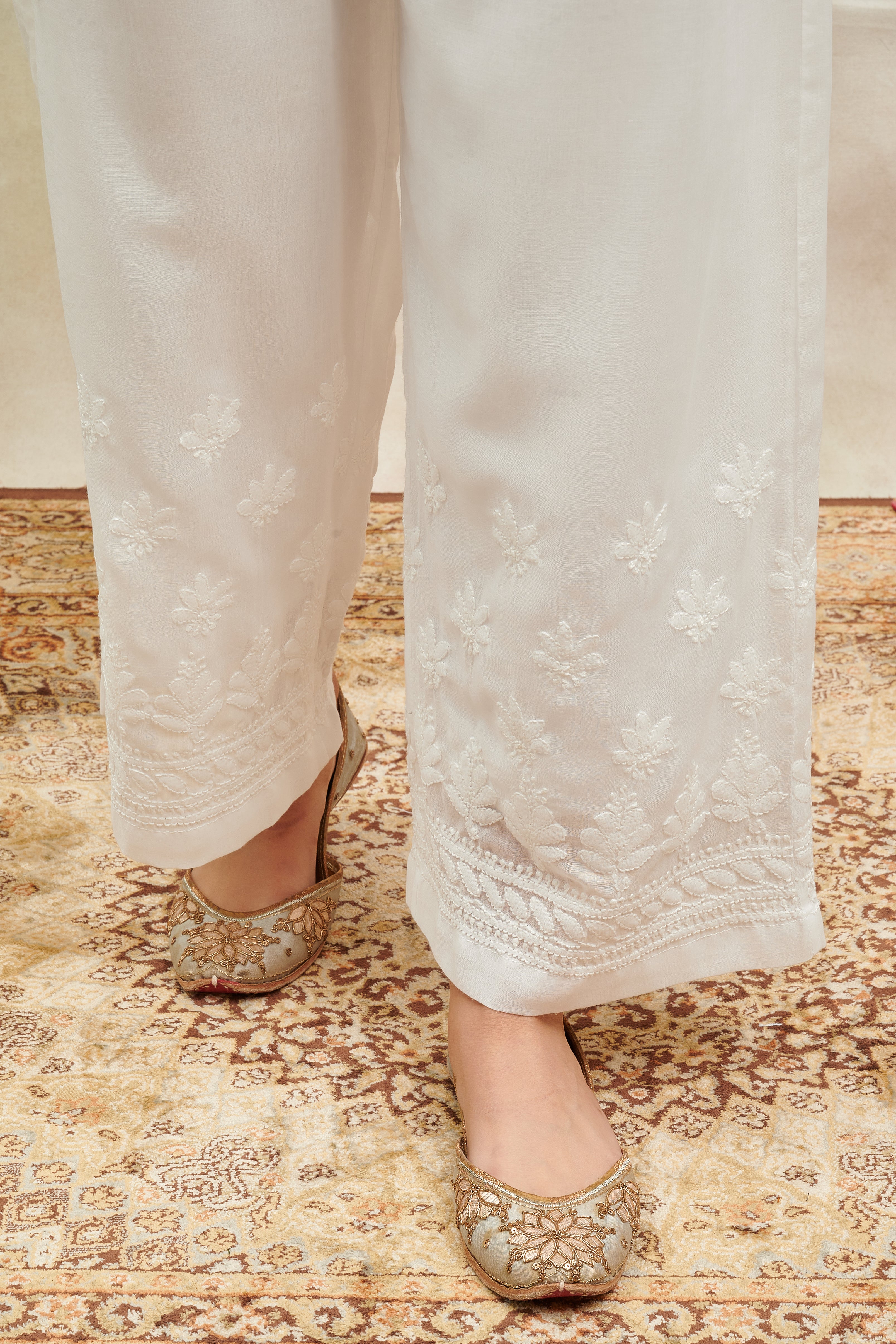 White Chikankari Cotton Farsi Pants