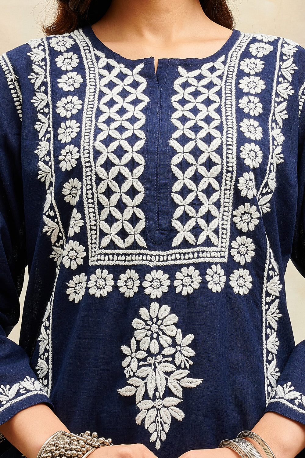 Navy Blue Chikankari Hand Embroidered Handloom Cotton Kurta