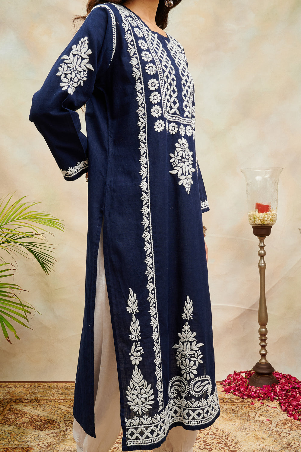 Navy Blue Chikankari Hand Embroidered Handloom Cotton Kurta