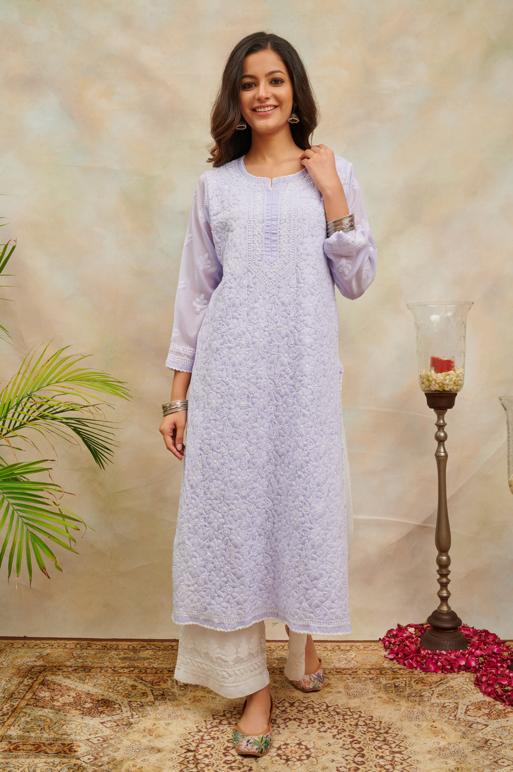 Purple Chikankari Mul Cotton Designer Kurta with Slip