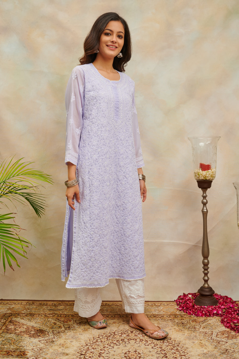 Purple Chikankari Mul Cotton Designer Kurta with Slip