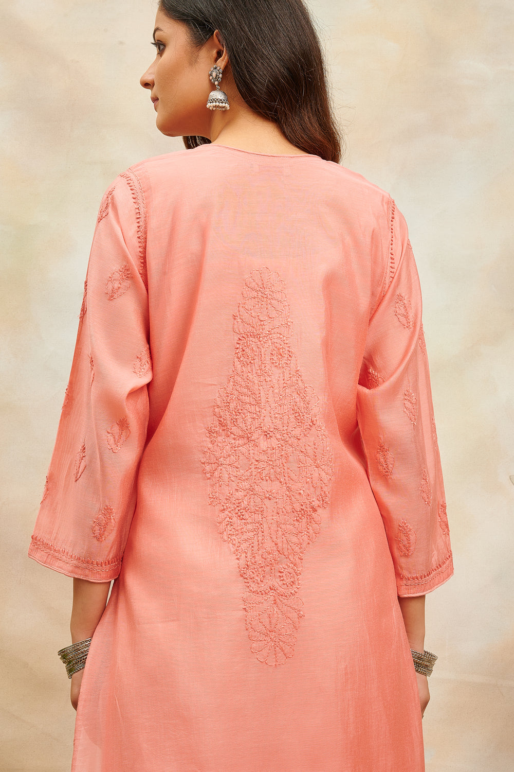 Rust Chikankari Chanderi Silk Designer Kurta with Slip