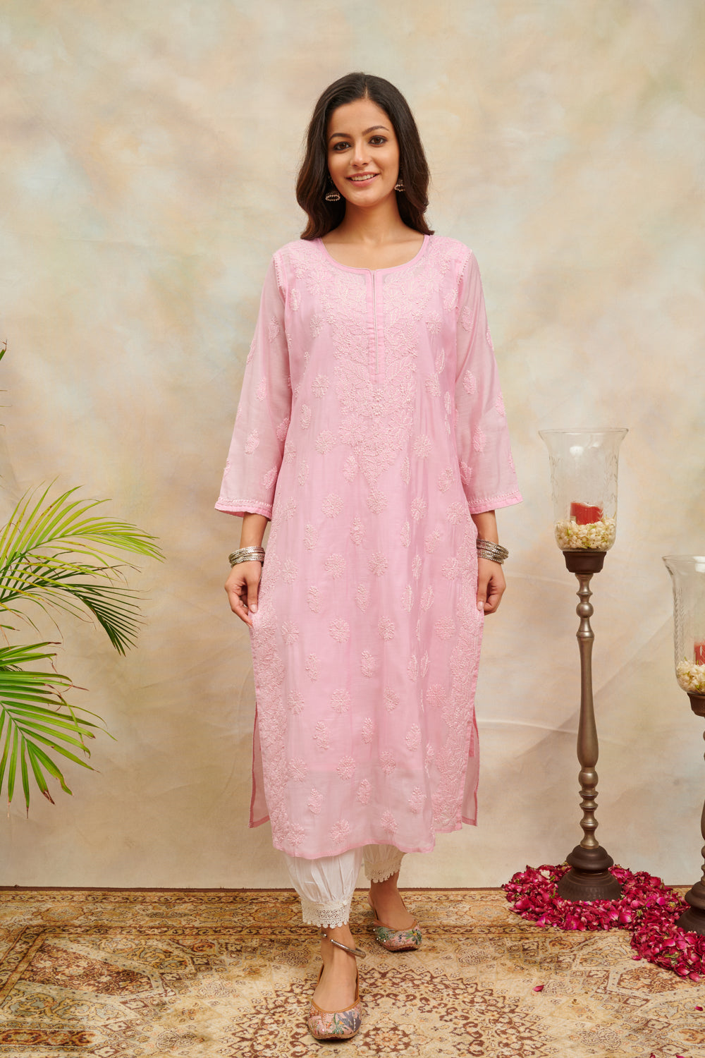 Pink Chikankari Chanderi Silk Kurta with Slip - Set of 2