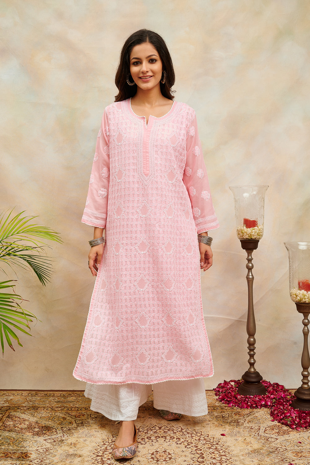 Pink Chikankari Mul Cotton Designer Kurta with Slip