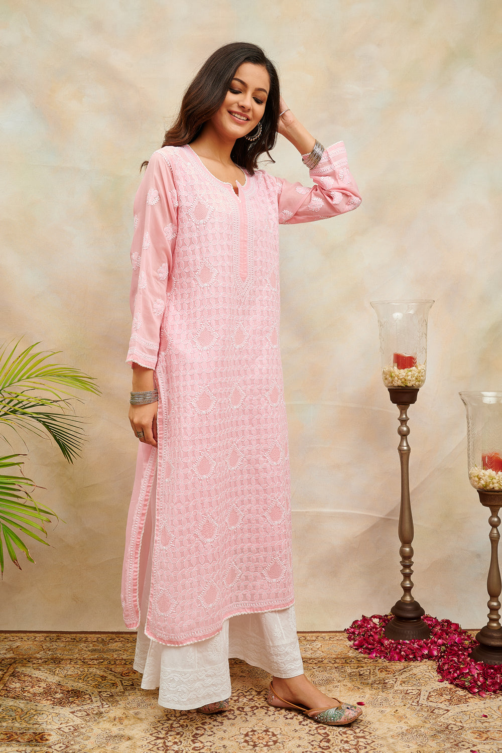 Pink Chikankari Mul Cotton Designer Kurta with Slip