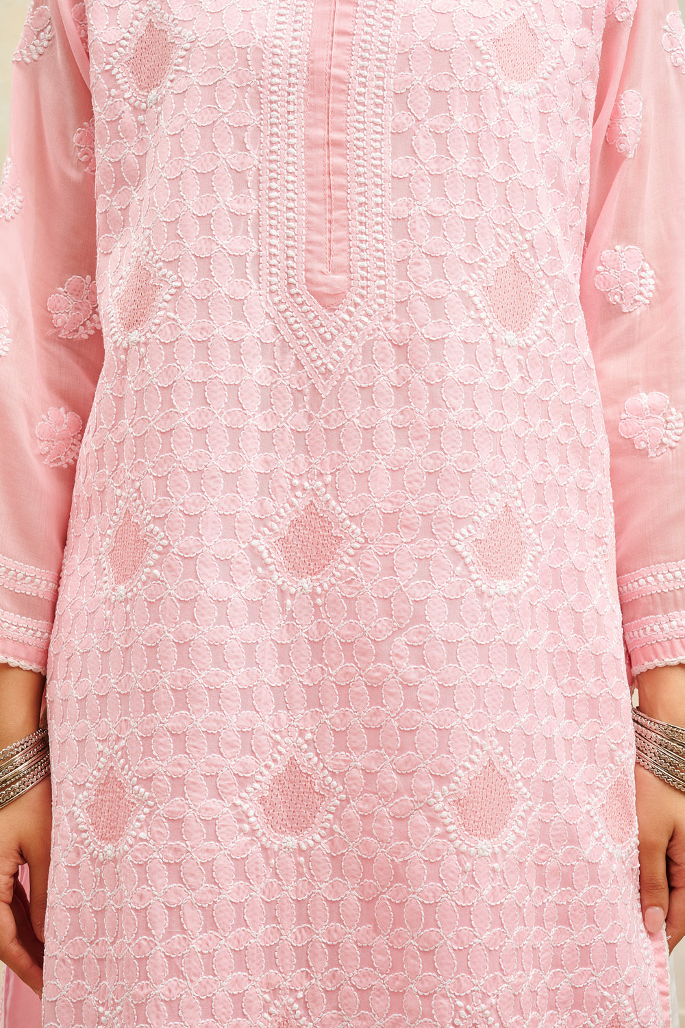 Pink Chikankari Mul Cotton Designer Kurta with Slip