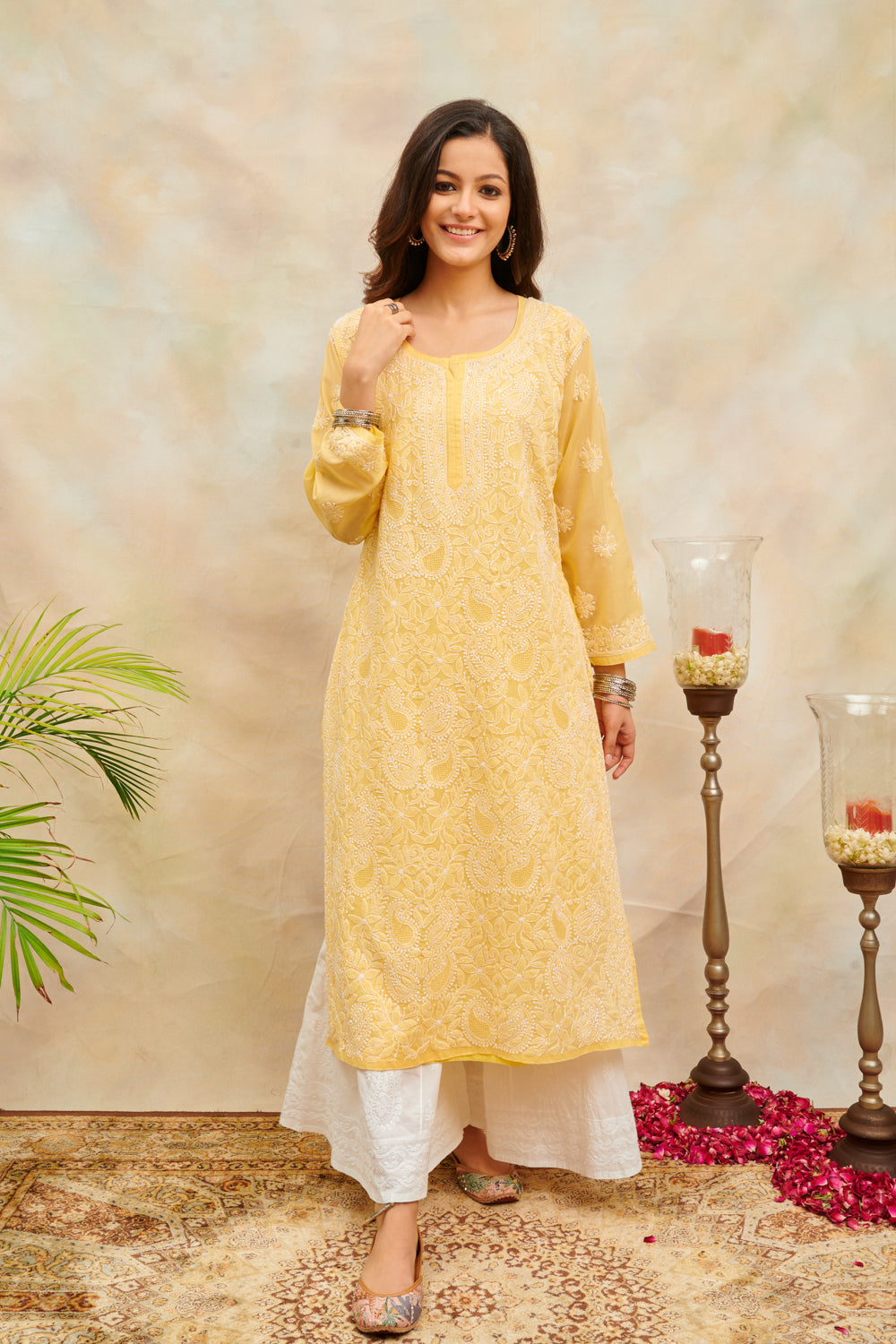Yellow Chikankari Mul Cotton Designer Kurta with Slip