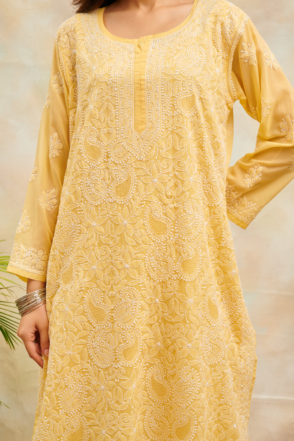 Yellow Chikankari Mul Cotton Designer Kurta with Slip