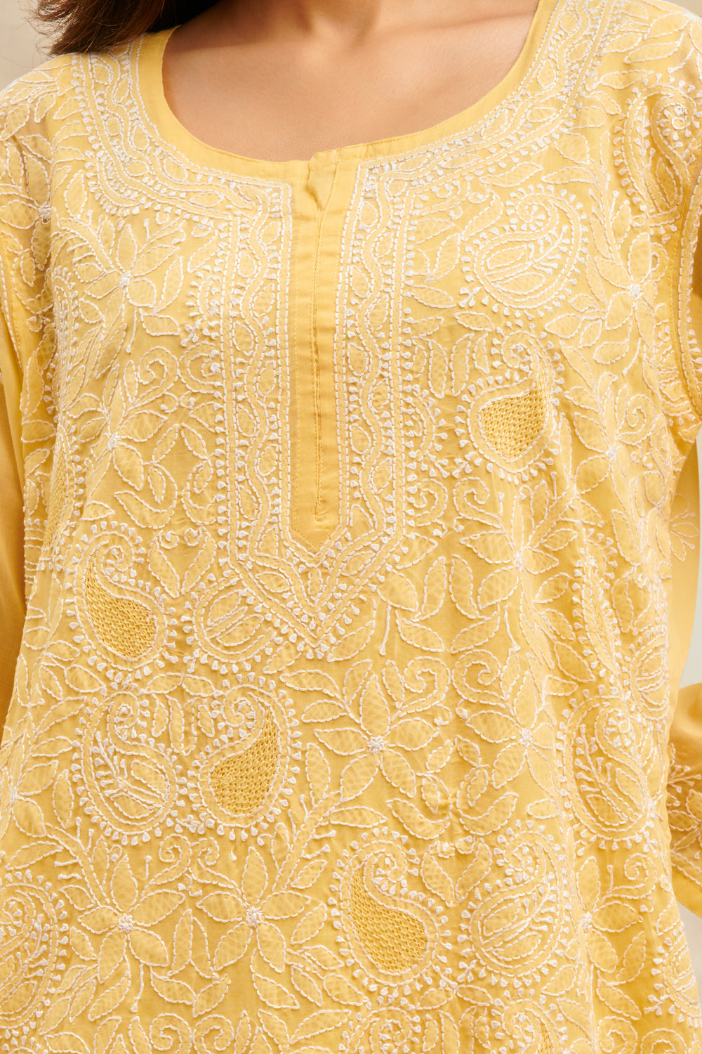 Yellow Chikankari Mul Cotton Designer Kurta with Slip