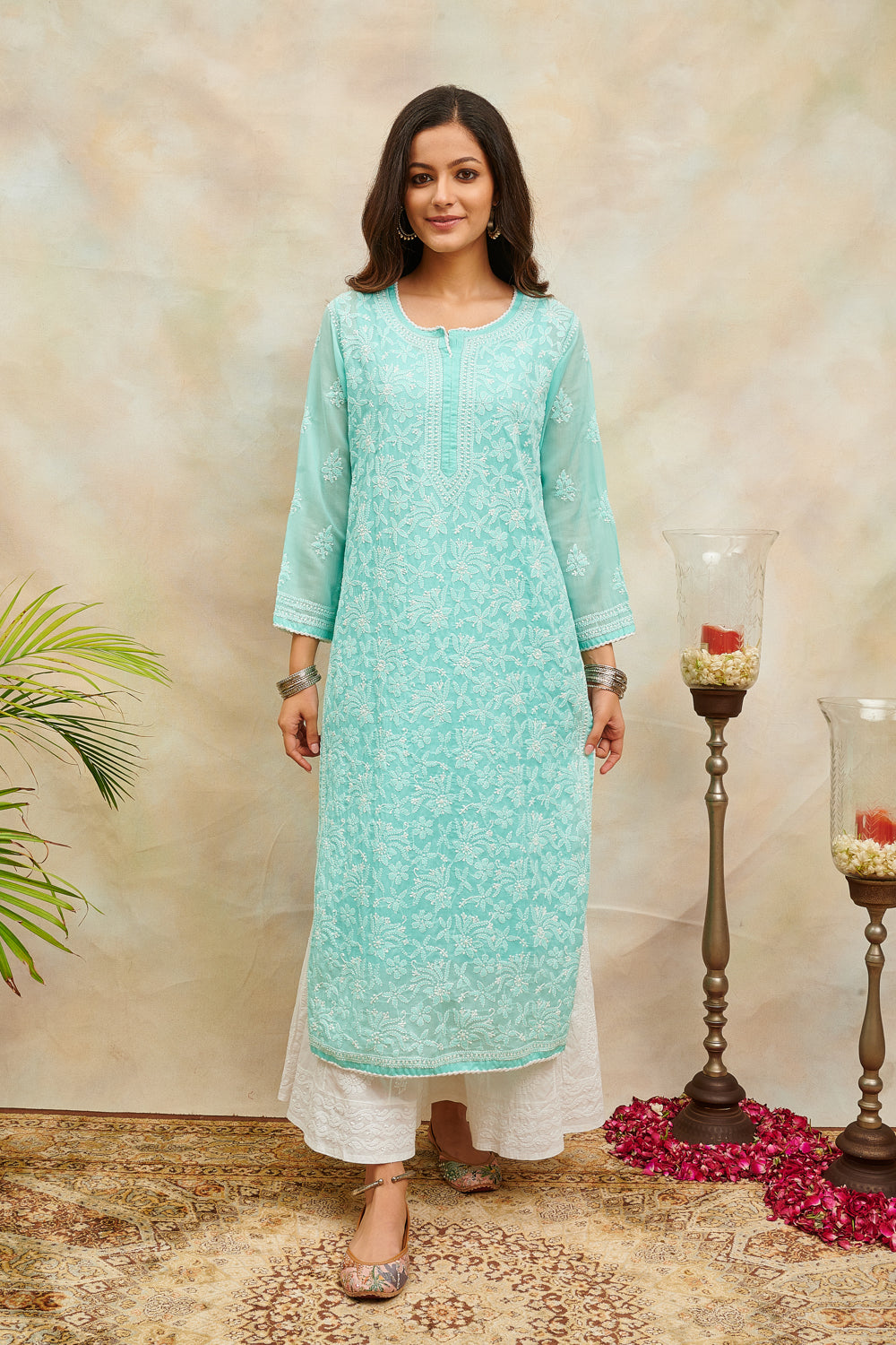 Teal Blue Chikankari Mul Cotton Designer Kurta with Slip