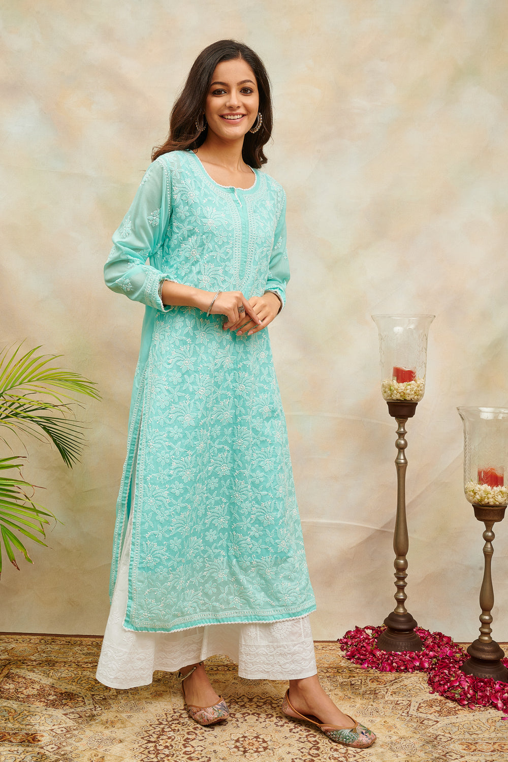Teal Blue Chikankari Mul Cotton Designer Kurta with Slip