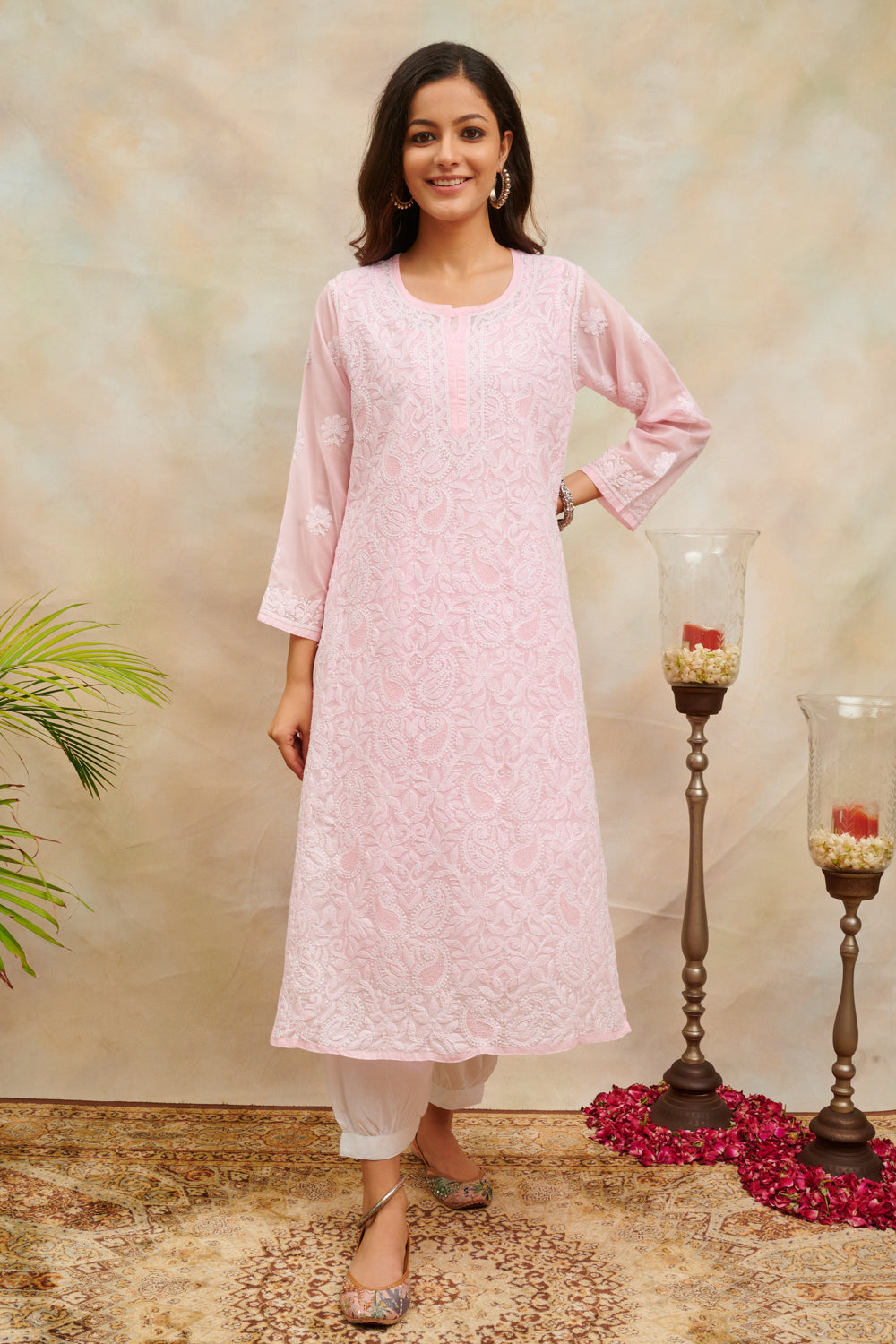 Pink Chikankari Mul Cotton Kurta with Slip - Set of 2