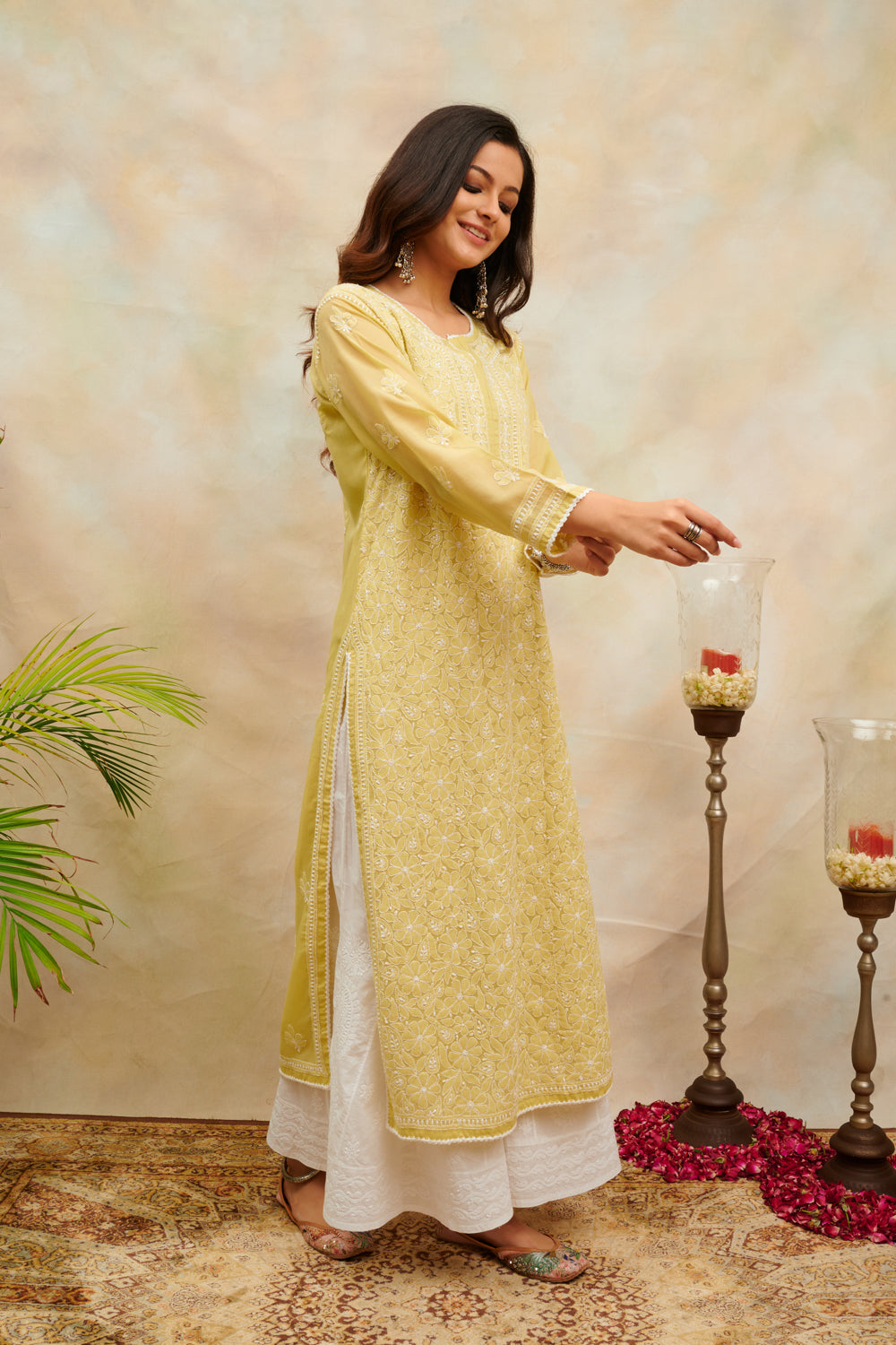 Olive Green Chikankari Mul Cotton Designer Kurta with Slip