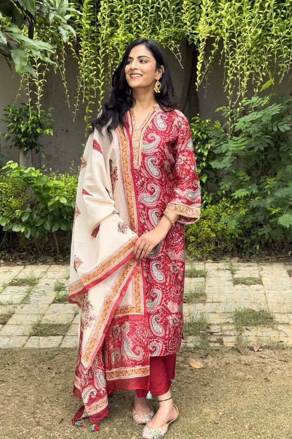Maroon Chanderi Silk Straight Kurta