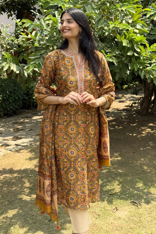 Mustard Chanderi Silk Straight Kurta