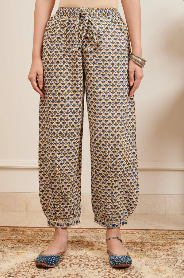 Beige/Blue Hand Block Printed Izhaar Pants