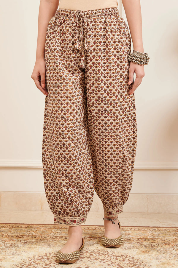 Beige/Maroon Hand Block Printed Izhaar Pants