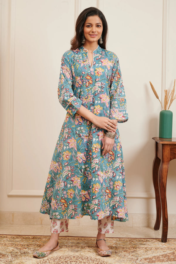 Teal Blue & Pink Hand Block Printed 'A' Line Kurta