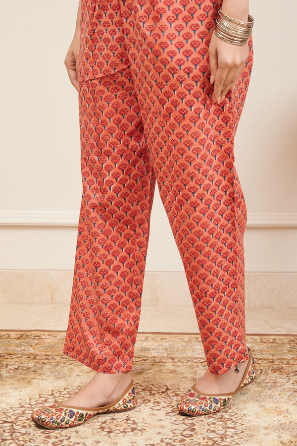 Orange Hand Block Printed Farsi Pants