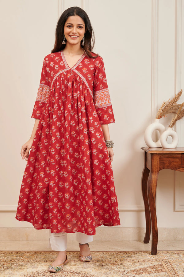 Red Hand Block Printed 'A' Line Kurta